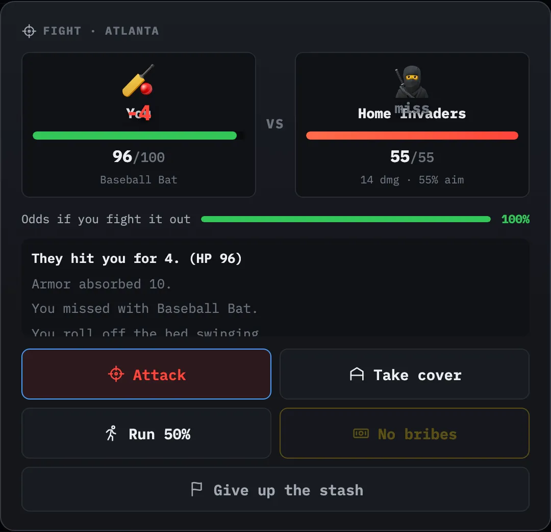 The fight screen: You versus Home Invaders, health bars, a 100% odds meter and five actions