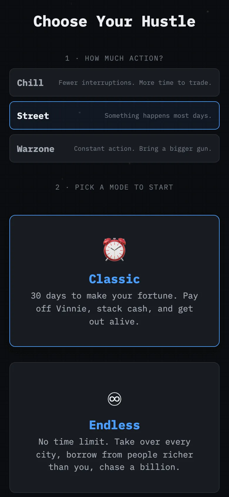 The new-game screen with Chill, Street and Warzone pace options above the mode cards