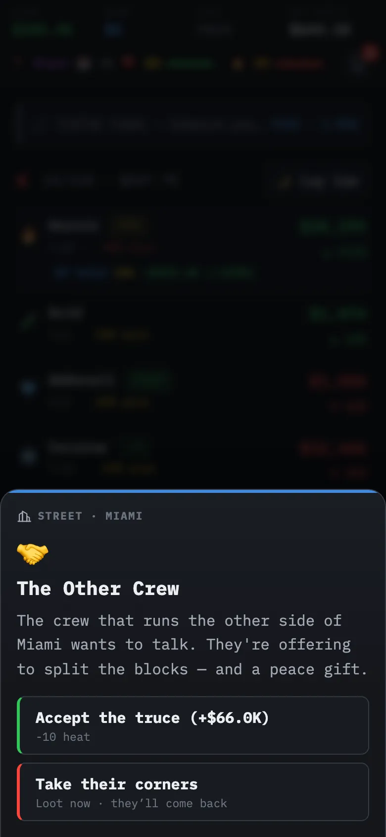 A story event card with three choices and their odds