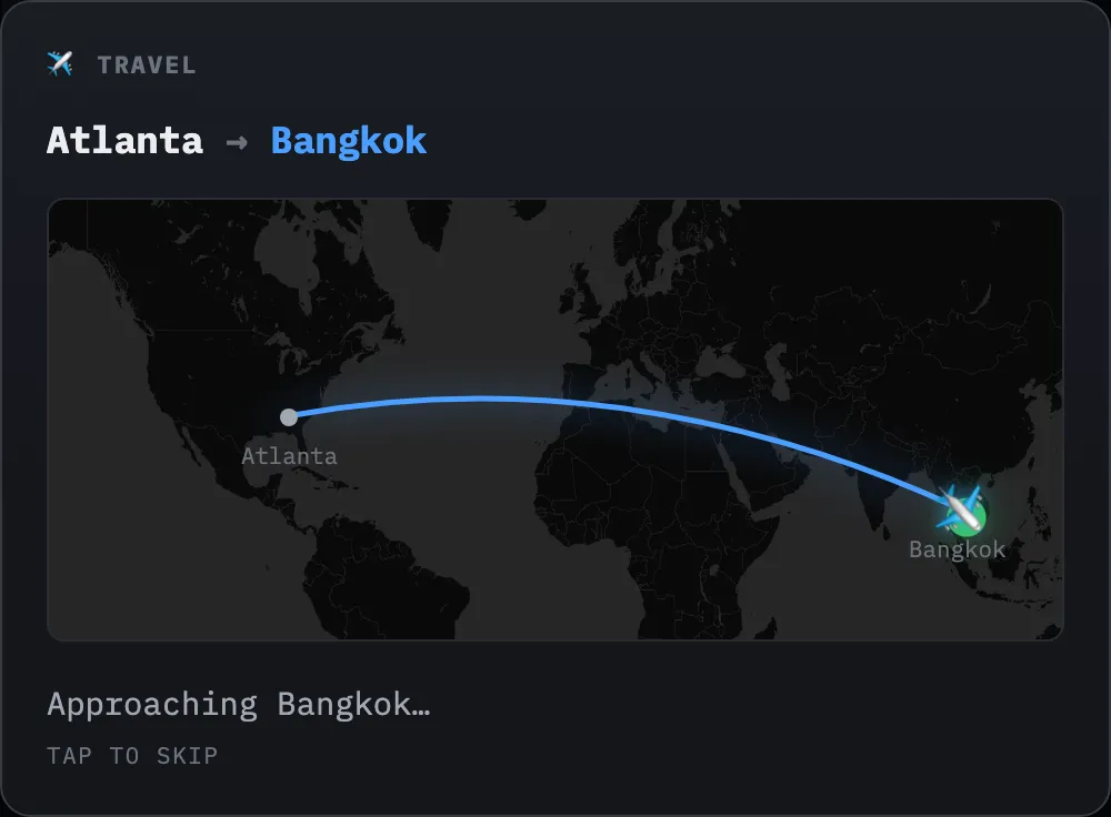 The travel card: a glowing arc from Atlanta to Bangkok on a dark world map, with the plane near the end